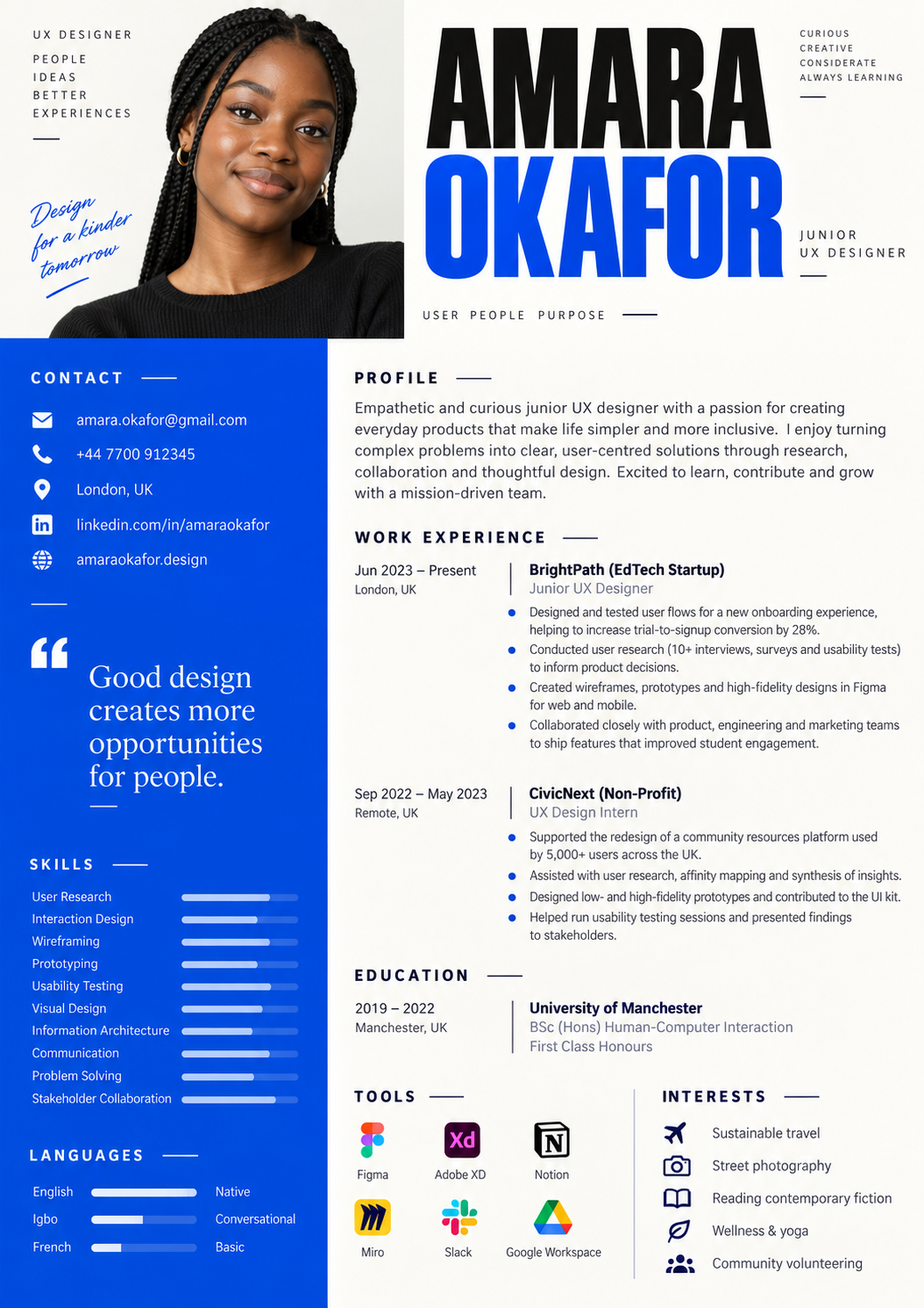 Volledig creatief CV van Amara Okafor, UX designer