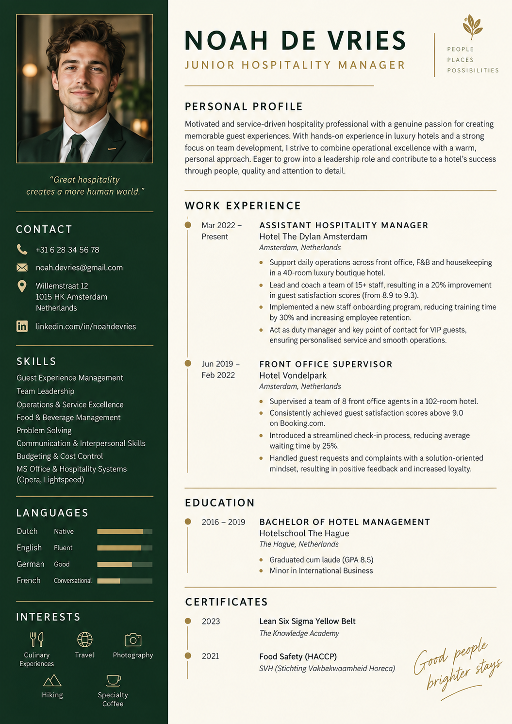 Volledig creatief CV van Noah de Vries, Hospitality manager